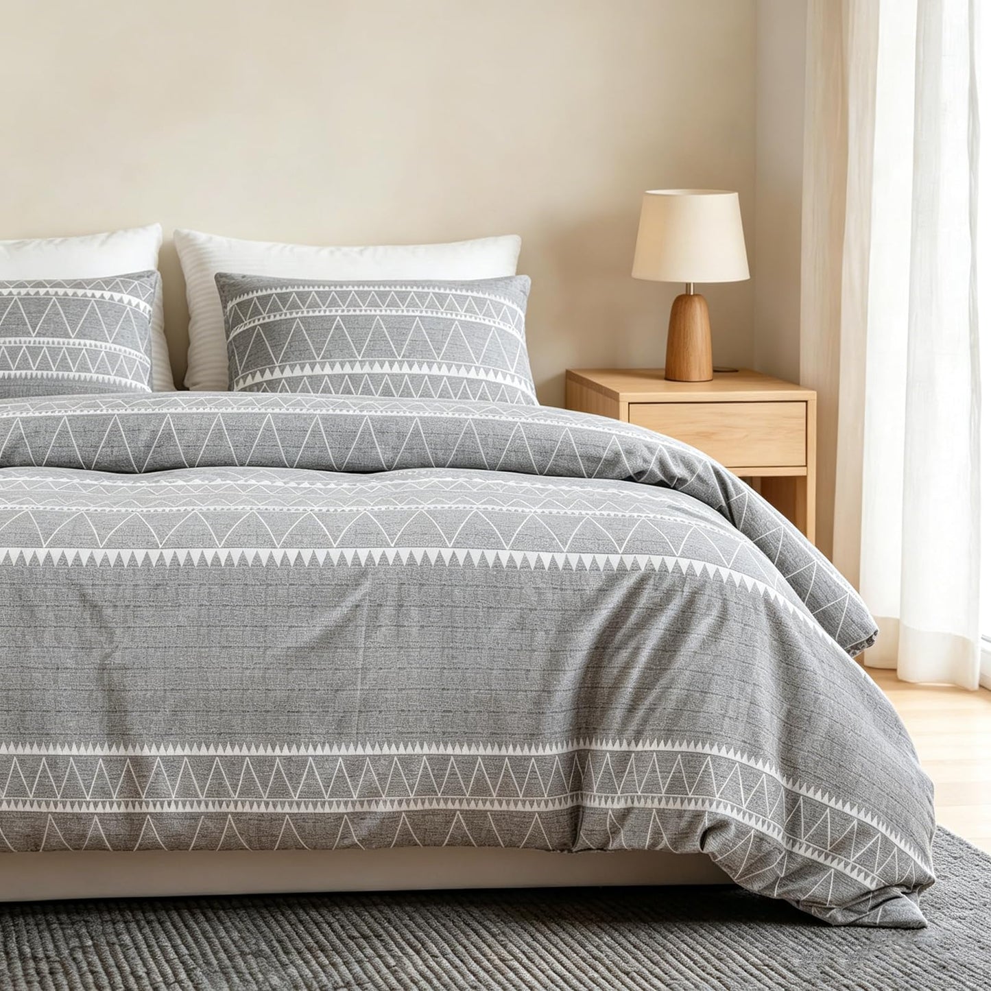 Lekesky Boho Duvet Cover King, Ultra Soft Brushed Microfiber King Duvet Cover Set, 3 Pieces Breathable King Bedding Sets with Zipper Closure and Corner Ties, Grey Striped