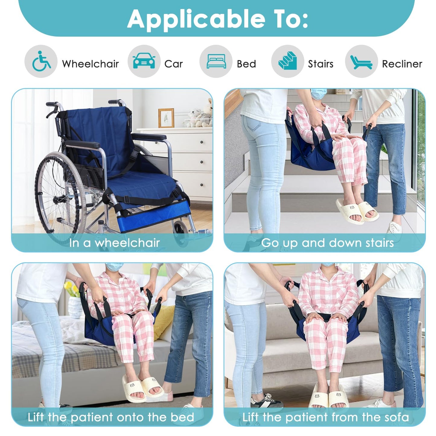 Patient Lift Transfer Belt From Bed To Wheelchair Stair Transfer Emergency Evacuation Chair Pad Safety Medical Lifting Sling Slide Board Transferring For Elderly, Disabled, Adults (Blue - 4 Handles)