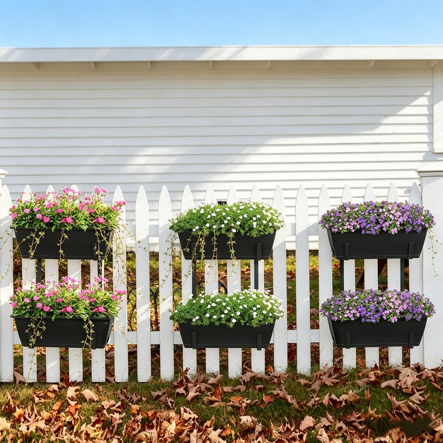 Railing Planter Boxes 2 Pack Window Boxes Planters with 2-Tier Adjustable Brackets, 16.9’’ Black Deck Railing Planter Boxes Vertical Balcony Hanging Flower Pots for Fence Rail Porch Garden Decor