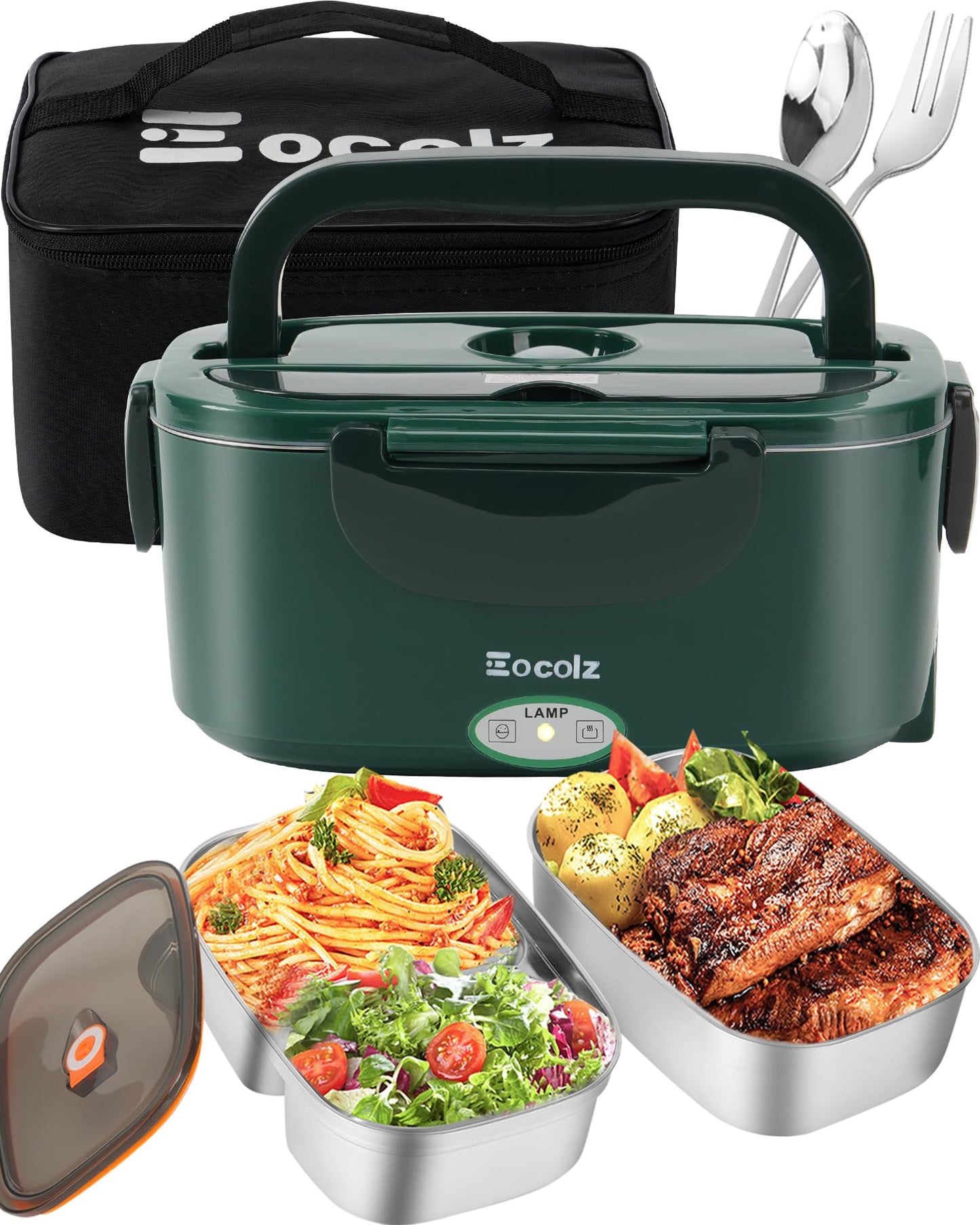 Electric Lunch Box Food Heater - 100W Fast Heating Lunch Box 12V/24V/110-230V Warming Lunchbox, Dual 1.5L Containers, Portable Food Warmer for Car/Truck/Travel, with Spork & Insulated Carry Bag