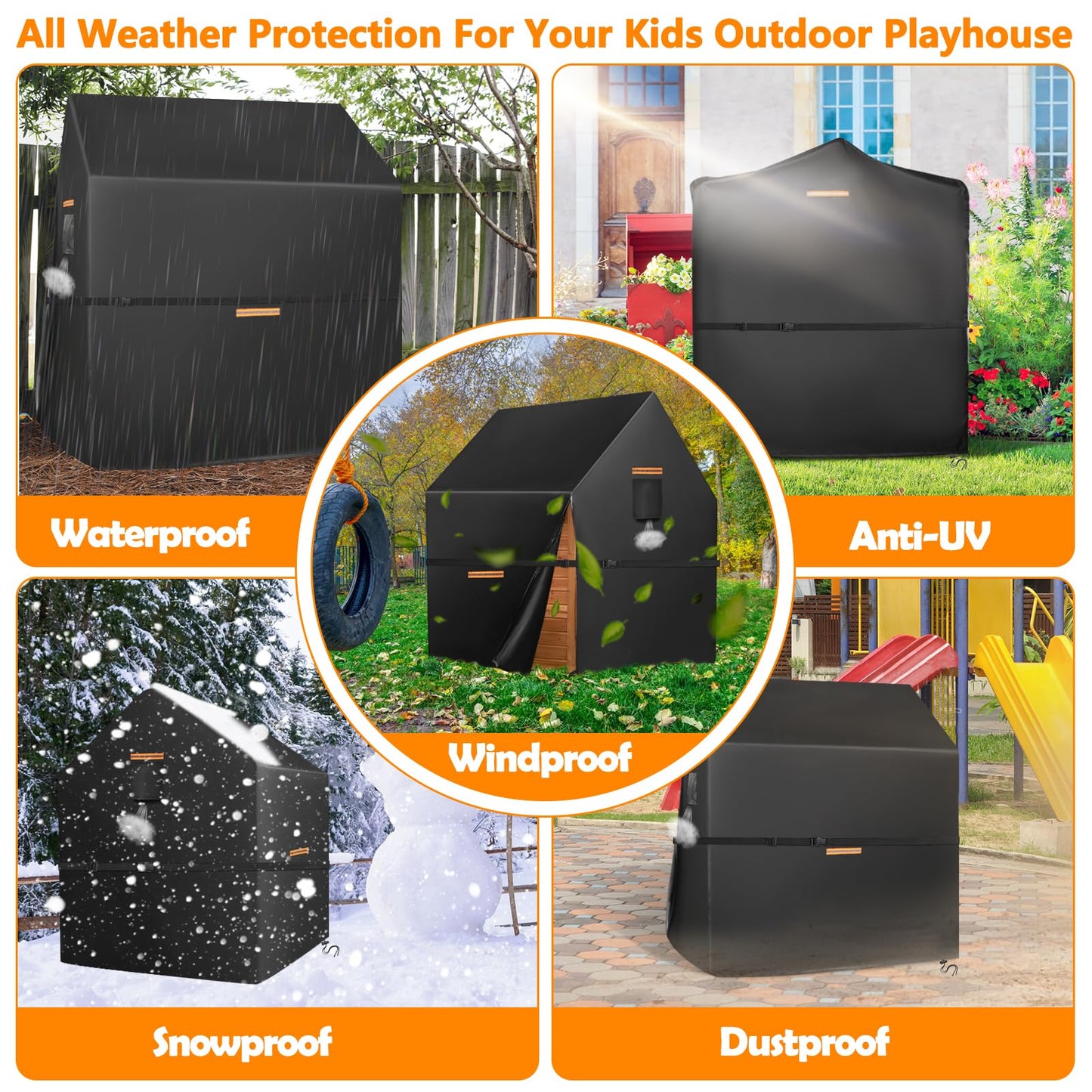 Playhouse Covers,Heavy Duty 420D Oxford Kids Play House Cover Waterproof,Universal House Cover for Little Tikes and Step2 with Side Zipper Easy to Put on,Air Vent,4 Reflective Strips,Windproof Buckle