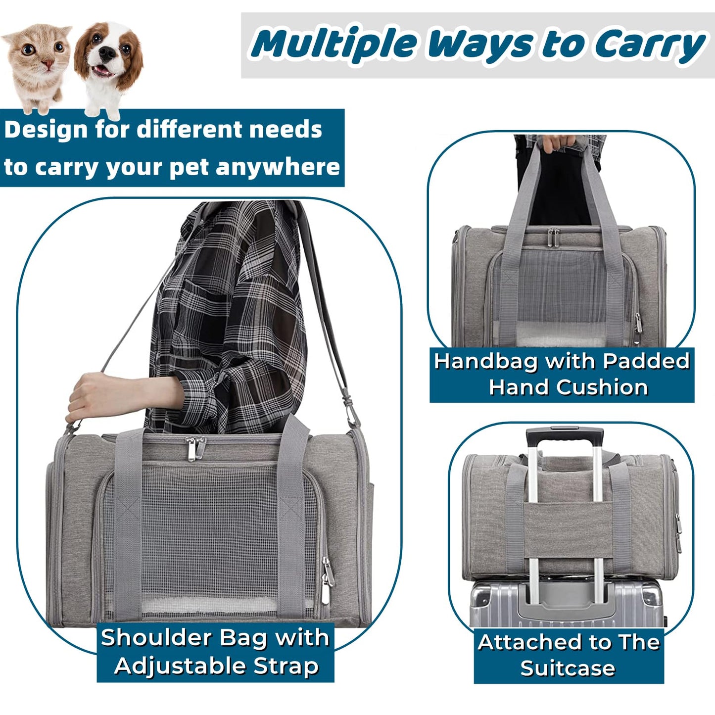 ORYEDA Cat Carrier Bag, Dog Travel Carriers, Soft-Sided Pet Carrier for Small Medium Large Cats and Small Dogs, Portable Carrier with 4 Open Doors and 3 Mesh Windows, Grey, Large