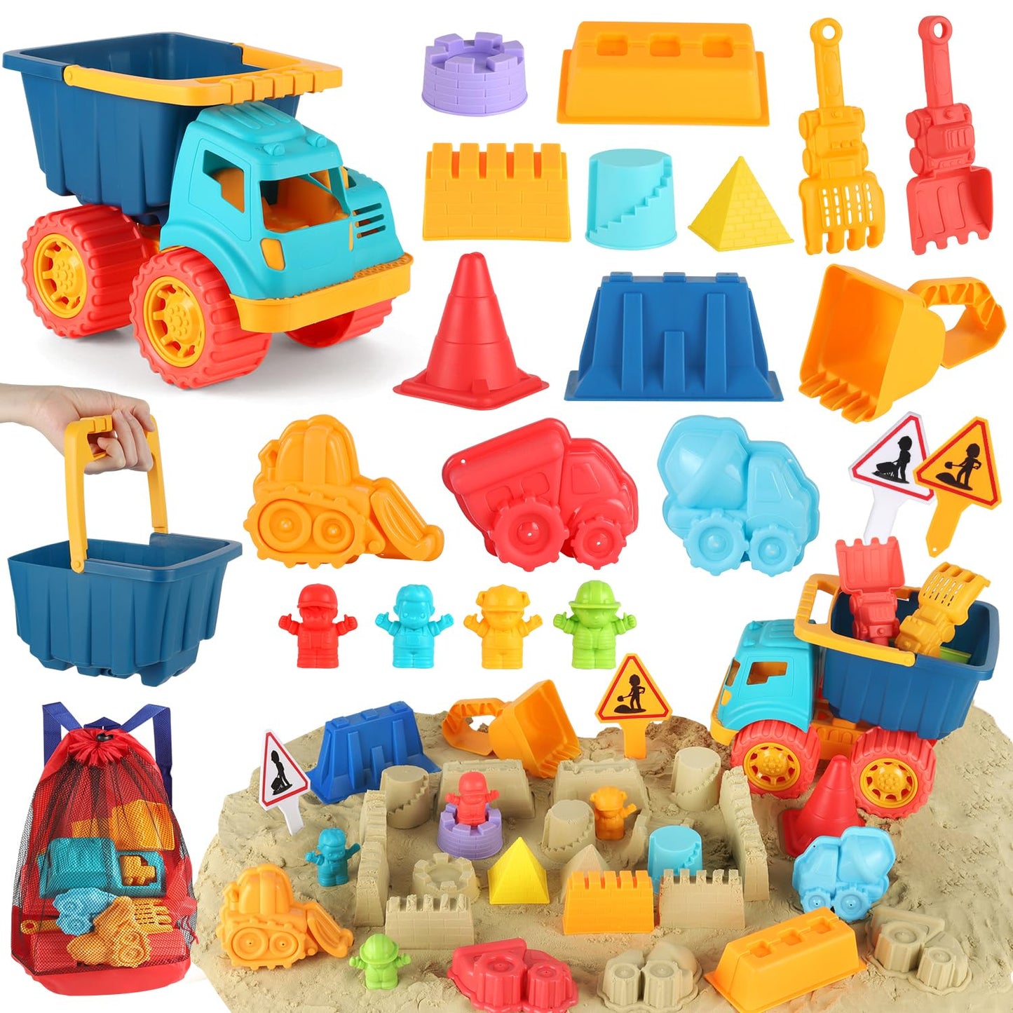 Elovien Beach Sand Toys, Large Dump Truck with Bucket, Sandbox Toy Construction Building Kit with Mesh Bag, Sand Molds, Shovels, Rakes, Summer Outdoor Travel Toys for Kids Toddlers Boys Girls