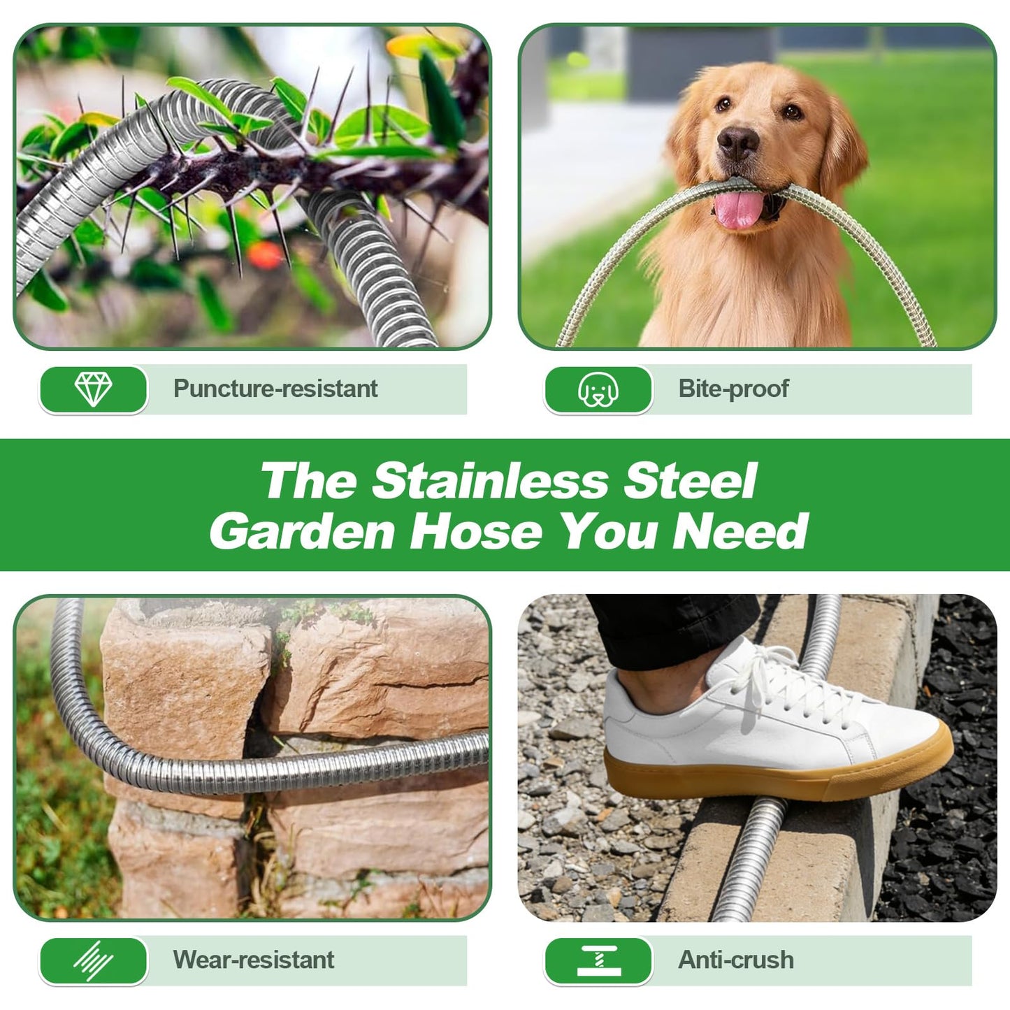 Toolasin Garden Hose 50FT, Flexible Stainless Steel Water Hose with 10-Function Nozzle, No-Kink, Leak-Proof, Anti-Pets, Wear-Resistant, 3/4 GHT, Easy to Use and Store, Ideal for Garden, Yard, Outdoor