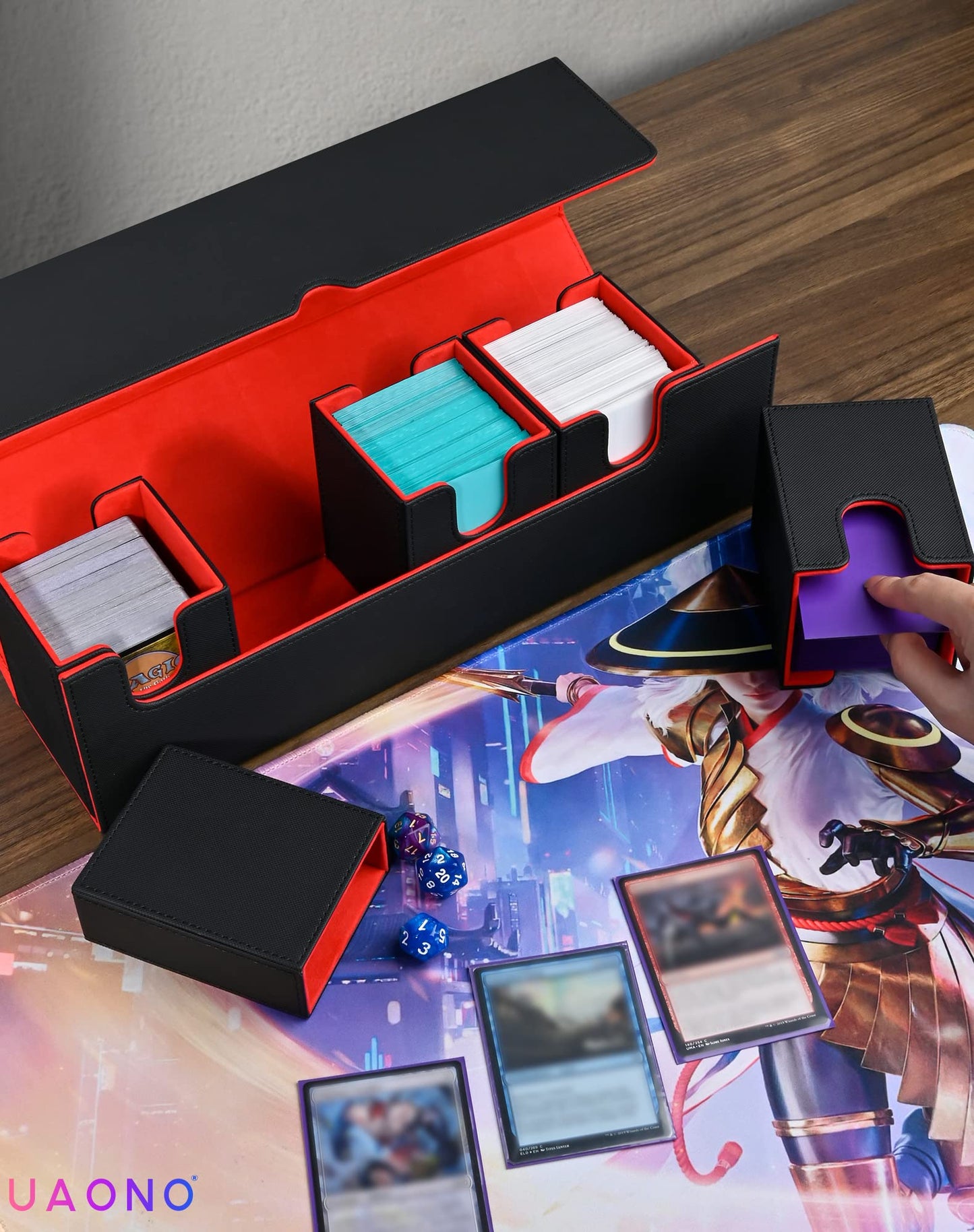 Card Deck Box with Dice Tray for MTG, 5 in 1 Deck Case Holds 800+ Unsleeved Cards, Strong Magnet Card Organizer Compatible with Yugioh TCG Sports Cards (Black&Red)