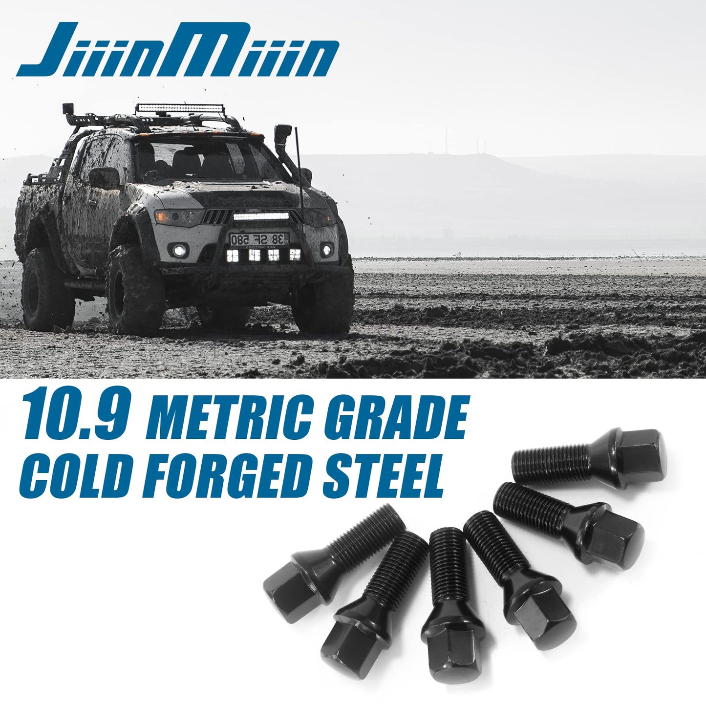 JiiinMiiin 14x1.25 Lug Bolts Conical Seat with 17mm Hex, 28mm Shank Length, M14x1.25 Thread, Black 20 Pack