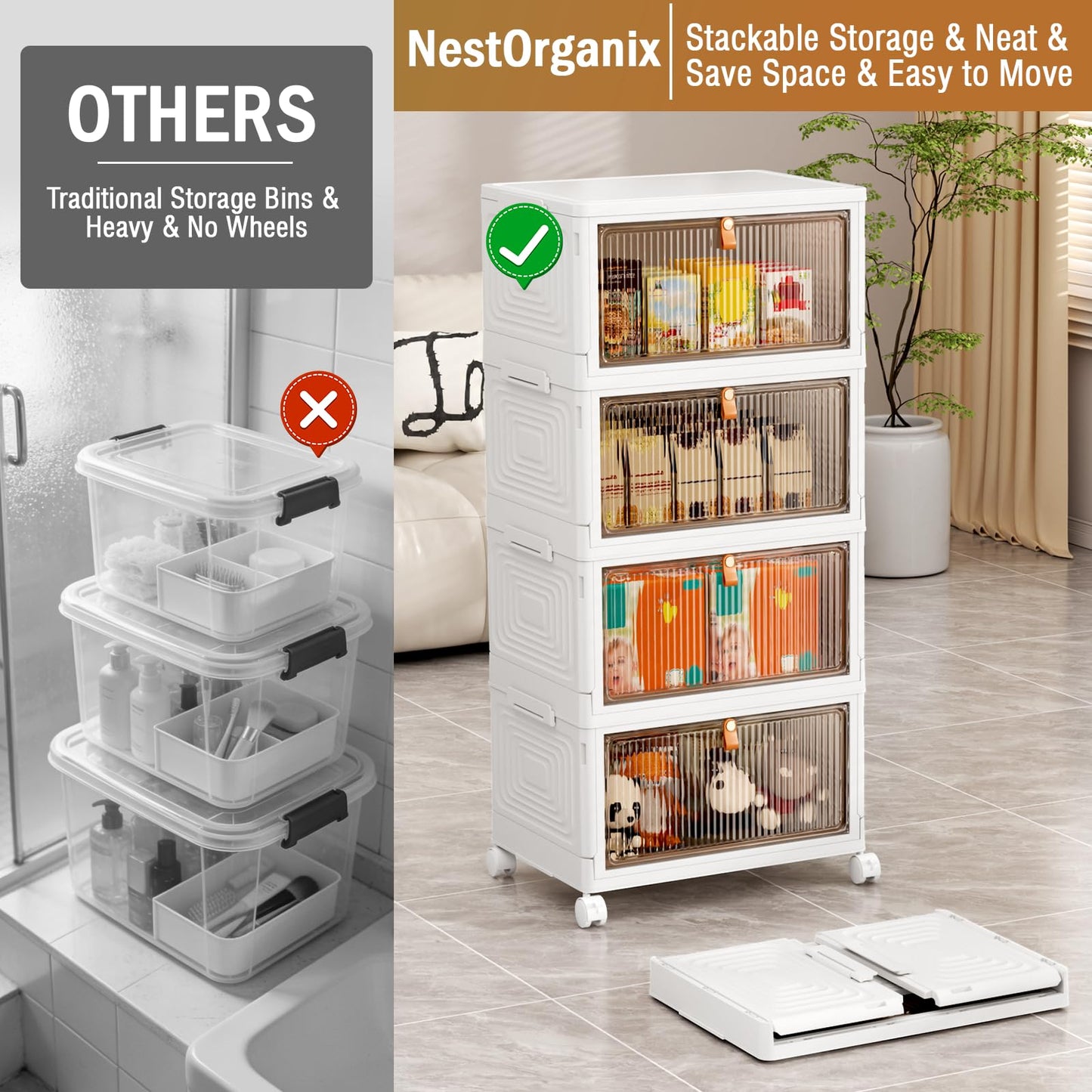 NestOrganix 4 Tier 23QT Plastic Storage Bins with Lid, Storage Containers with Wheels, Folding Storage Box, Stackable Storage Bins, Organizers and Storage for Home,Office 14.56" x 10.62" x 31.49"