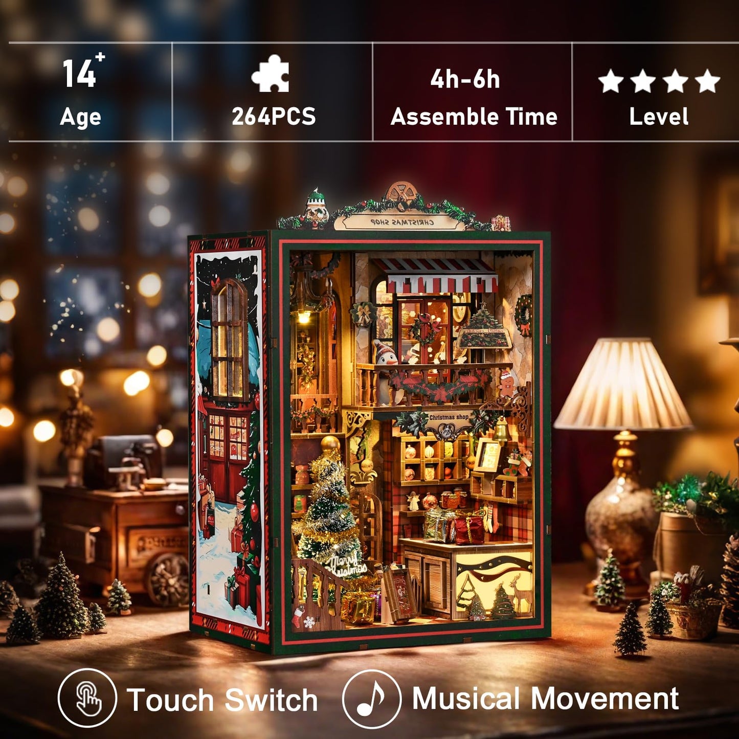 cjc Christmas Book Nook Kit for Adult - DIY Miniature Dollhouse Book Nook with Music Tiny House, 3D Wooden Puzzle Bookshelf Decor for Adults, Creative for Family Friends‌