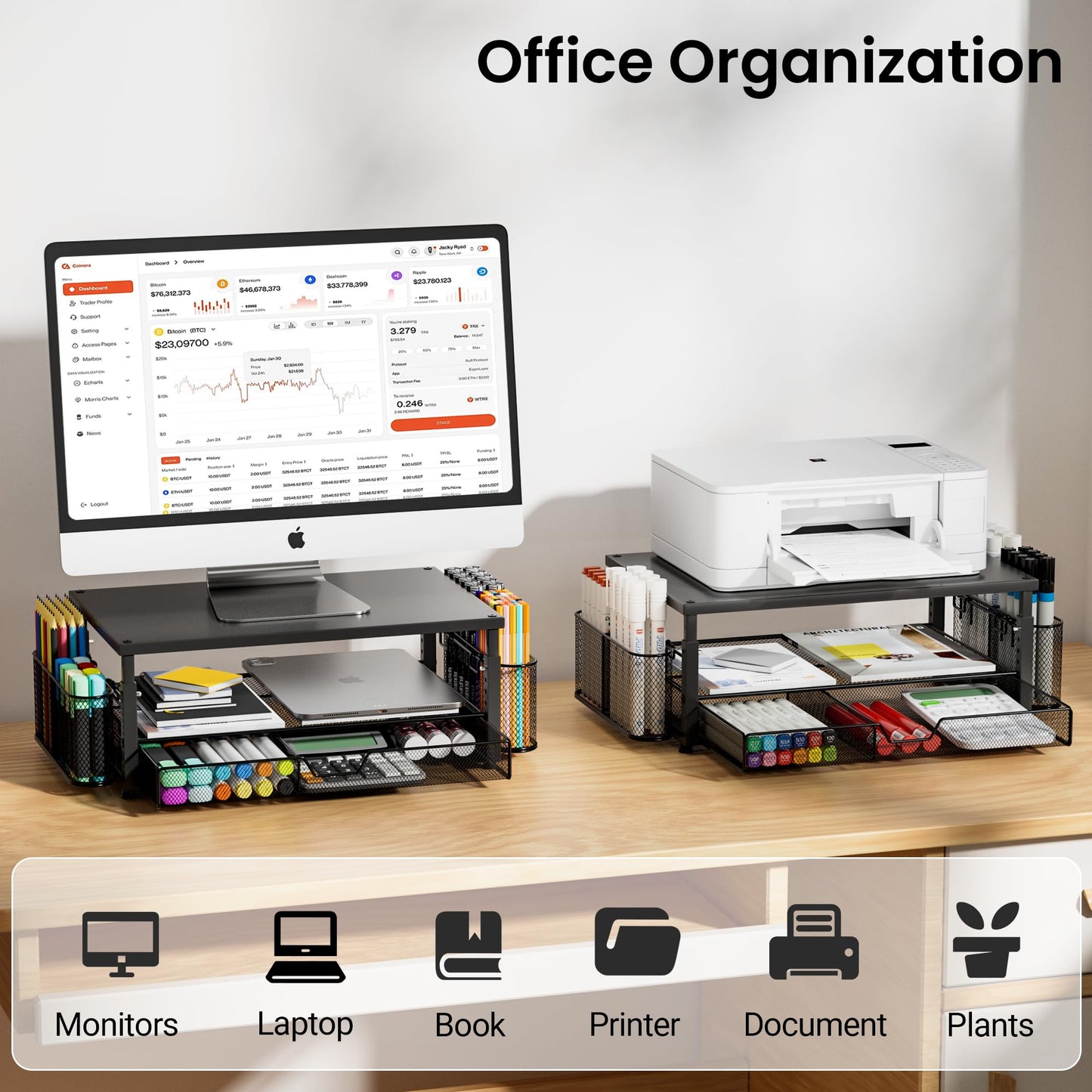 Desk Organizer and Accessories with Cellphone Holder, Height Adjustable 2-Tier Computer Monitor Stand Riser with Drawer and 2 Pen Holders,Office Desk Accessories for Office Supplies, Black