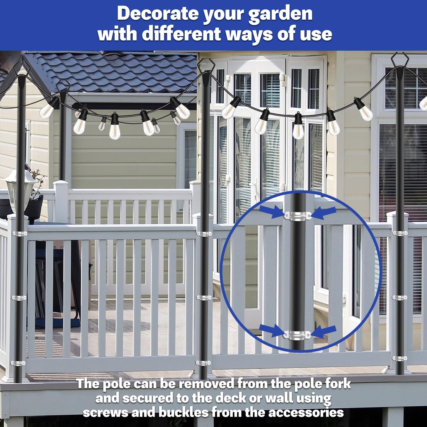 6 Pack 10 ft Heavy Duty Metal String Light Poles Adjustable Outdoor Lighting Stand for Patio,Backyard,Garden,Party & Wedding Rustproof & Sturdy with Hooks (6 Pack)