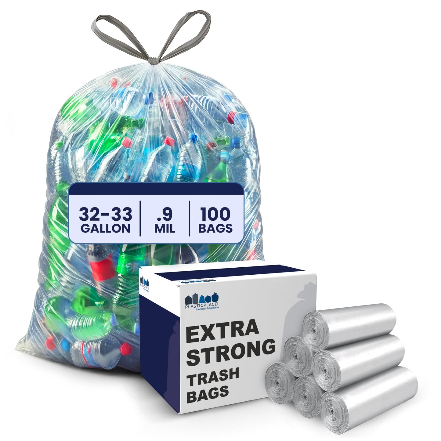 Plasticplace 32-33 Gallon Recycling Bags │ 0.8 Mil │ Clear Drawstring Garbage Can Liners │ 33" x 38" (100 Count)