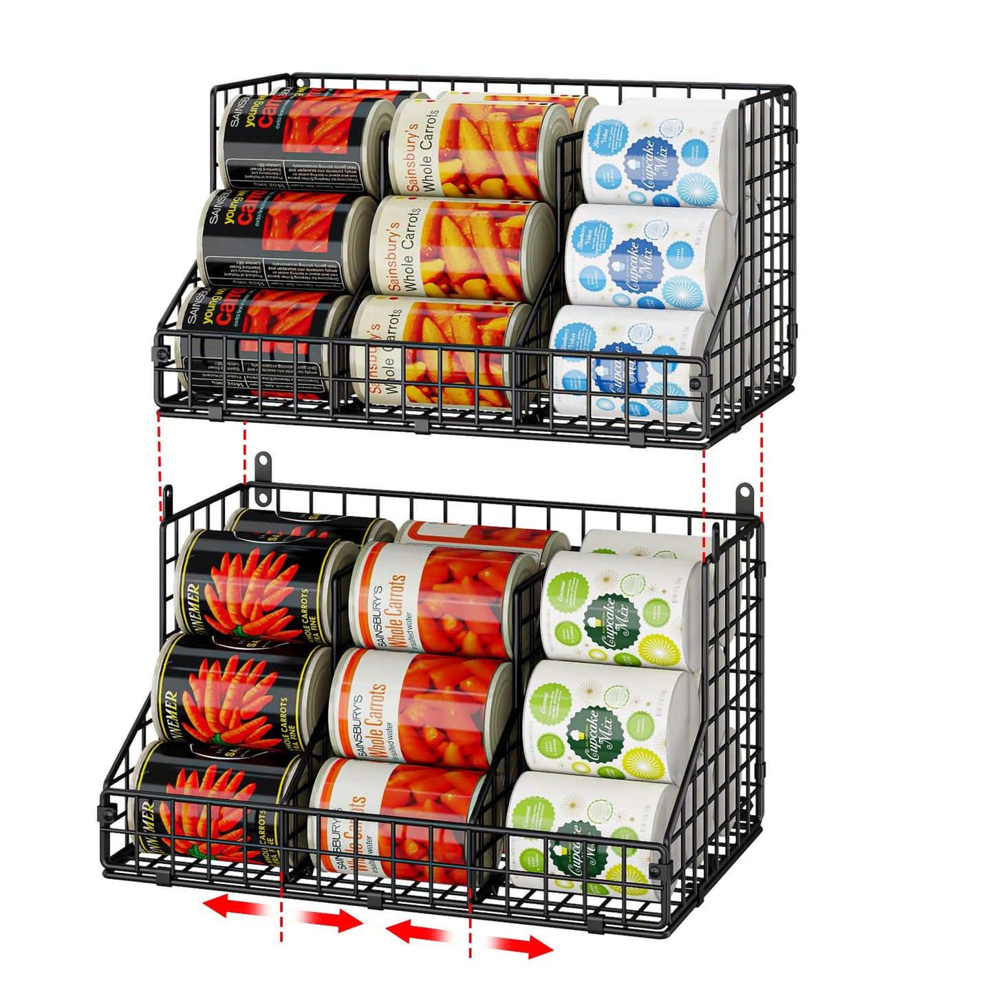 2 Pack Stackable Can Rack Organizer for Pantry Storage,Can Dispensers with 4 Adjustable Dividers, 2-Tier Metal Wire Basket Beverage Pop Soda Rack for Kitchen Cabinet Pantry, Black