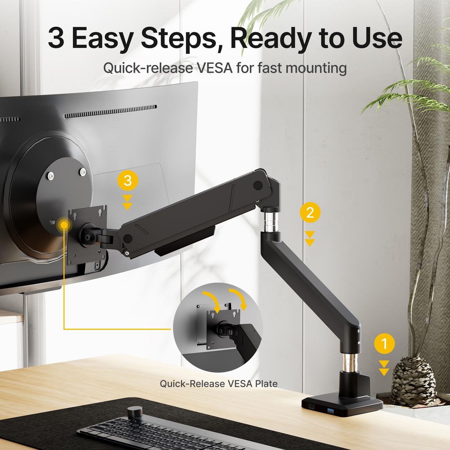 monTEK Single Monitor Arm for Max 45 Inch Ultrawide Screens Adjustable Monitor Desk Mount Holds 35 Lbs Cable Management with Clamp/Grommet Desk Mount, VESA 75/100mm, MA1007BK