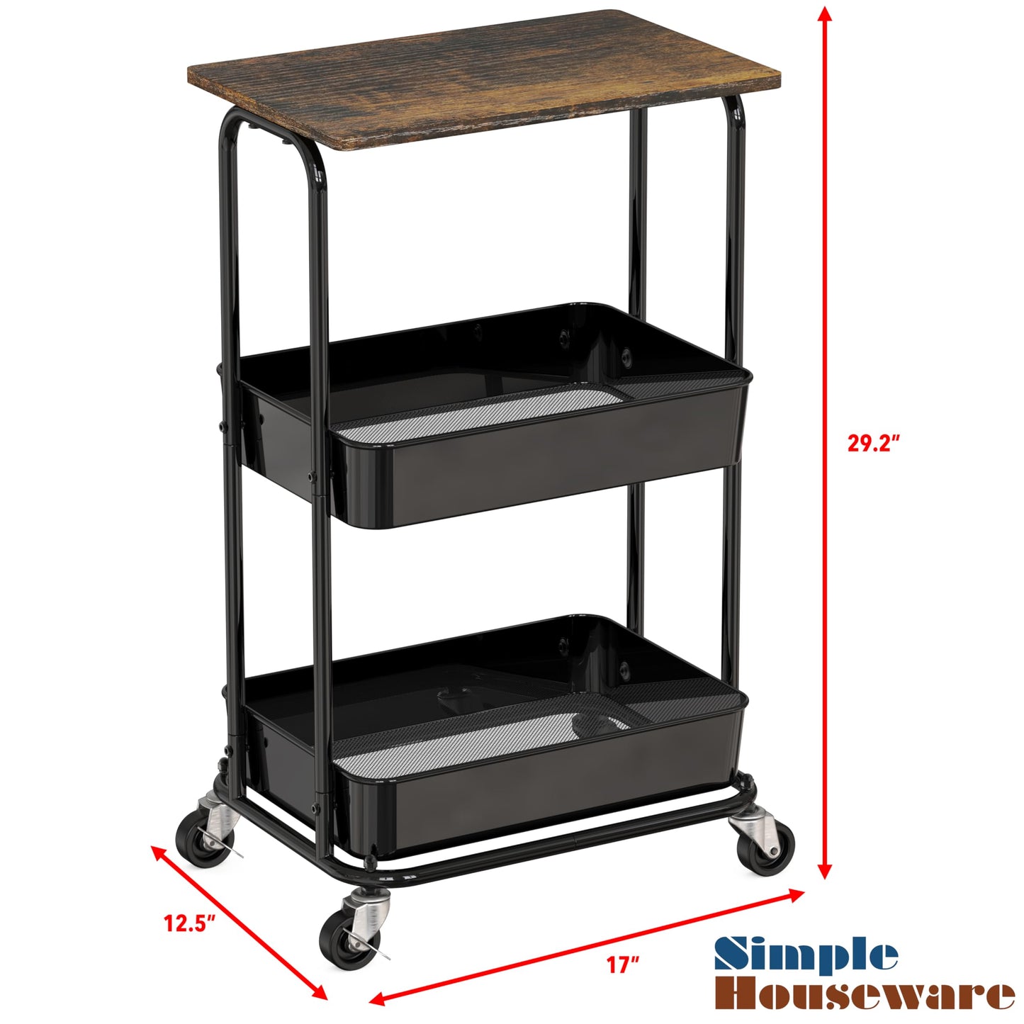 Simple Houseware 3-Tier Metal Rolling Utility Cart with Wooden Top and Lockable Wheel, Storage Organizer Trolley for Kitchen, Bathroom, Office, Craft Room, Rustic Brown