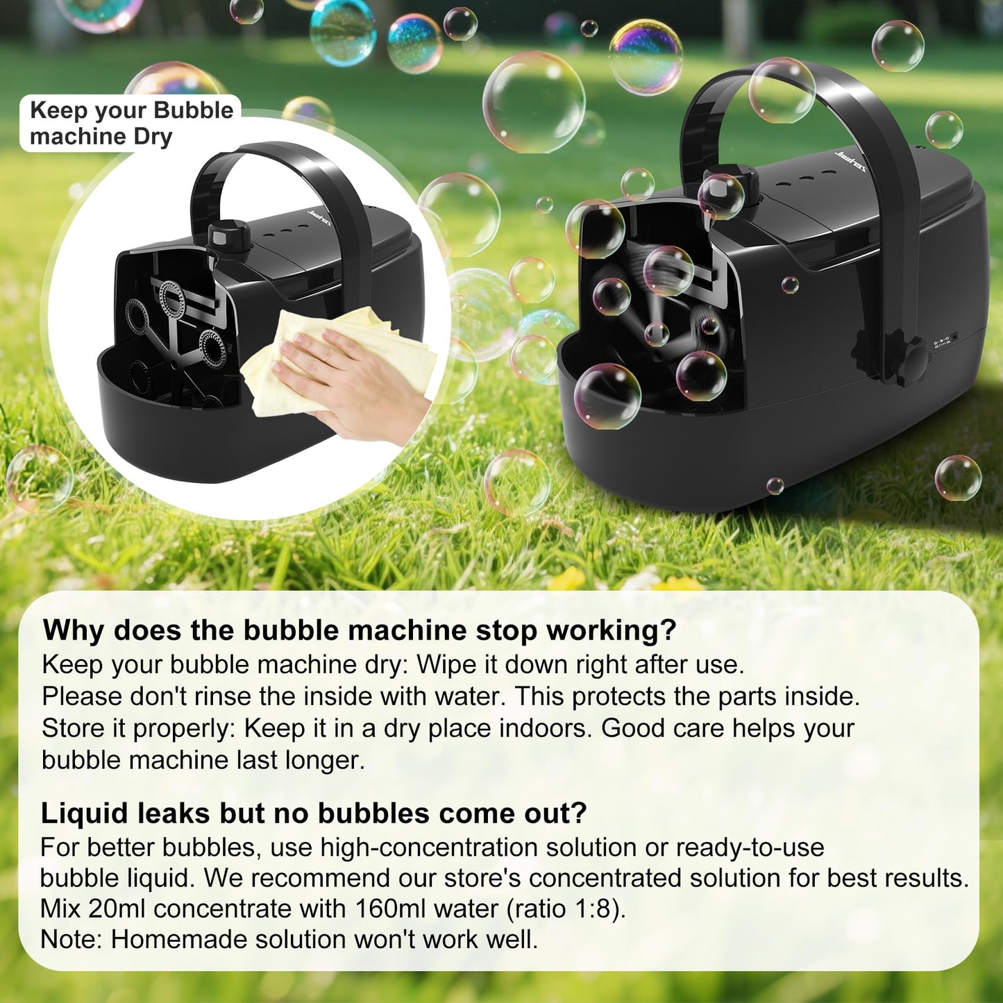 Bubble Machine Durable Automatic Bubble Blower, 18000+ Bubbles Per Minute Bubbles for Kids Toddlers Bubble Maker Operated by Plugin or Batteries Bubble Toys for Indoor Outdoor Birthday Party (Black)