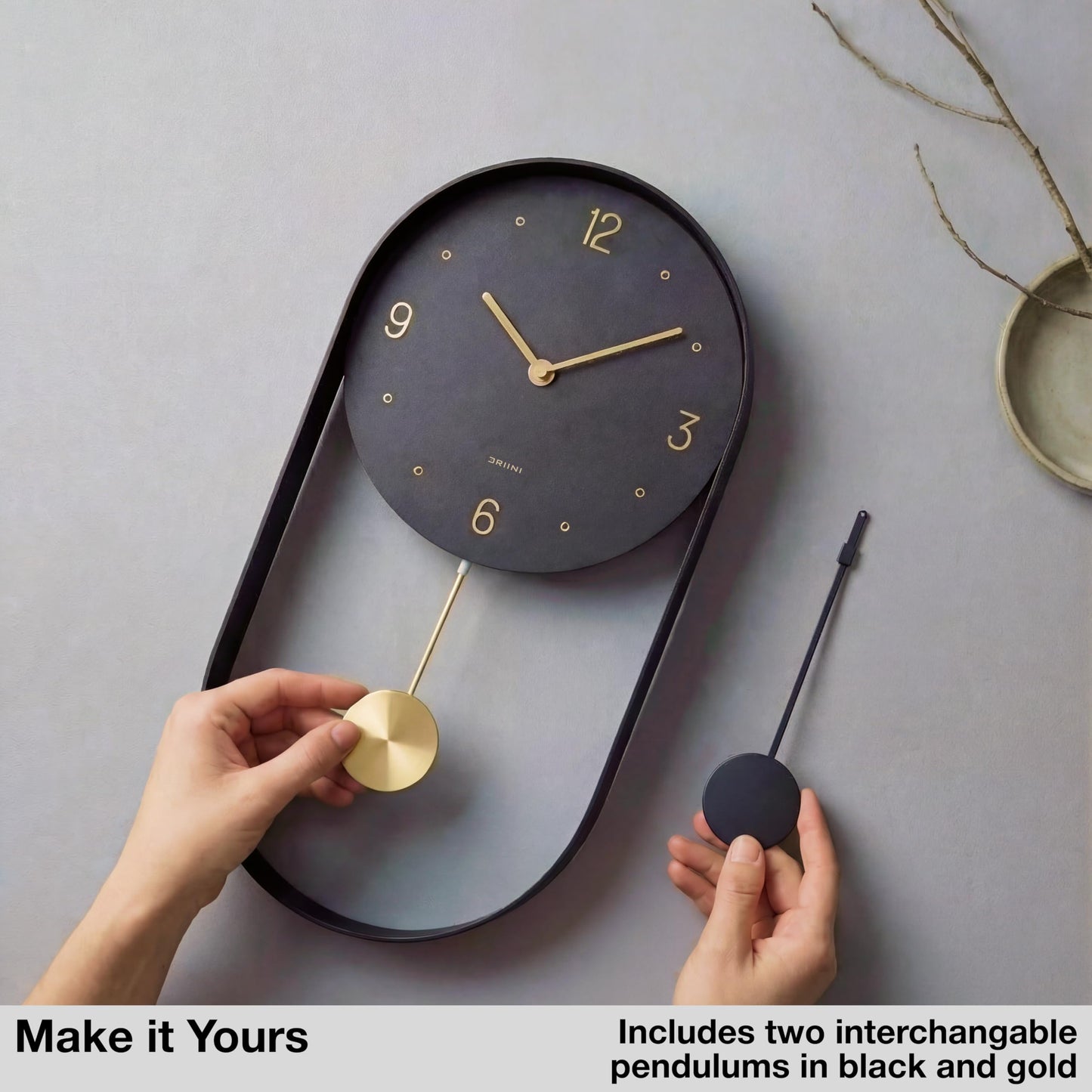 Driini Modern Pendulum Wall Clock - Decorative and Unique Metal Frame, with 8 Inch Face - Contemporary, Minimalist Design, with Silent Battery Operation - Includes Both Black and Gold Pendelum