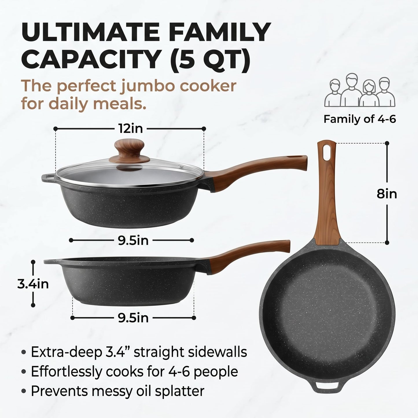 YASHE 12 Inch Nonstick Skillet with Lid, 5 QT Deep Frying Pan, Granite Non Stick Saute Pan with Helper Handle, Large Skillet for Family Meals, Induction Compatible All Stovetops, PFOA/PFOS Free