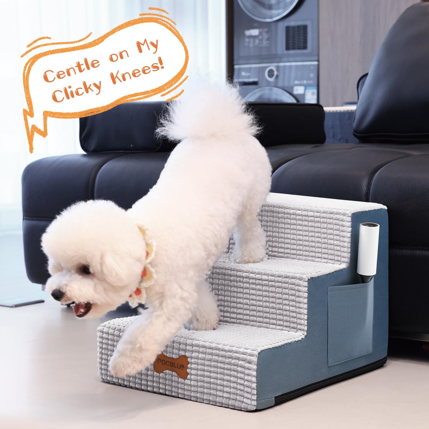 POCBLUE Dog Stairs for Small Dogs and Cats 17.7" H, 4-Step Pet Step for High Bed or Couch, Non-Slip Balanced Pet Ramp Indoor with High-Density Foam and Washable Cover, Grey