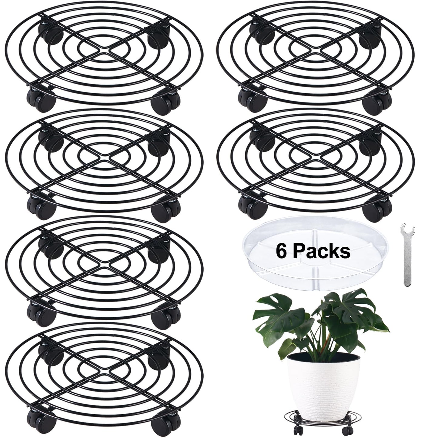 6 Packs 14 Inches Large Metal Plant Caddy with Wheels Rolling Plant Stands Heavy-duty Wrought Iron Plant Roller Base Pot Movers Plant Saucer on Wheels Indoor Outdoor Plant Dolly with Casters Planter