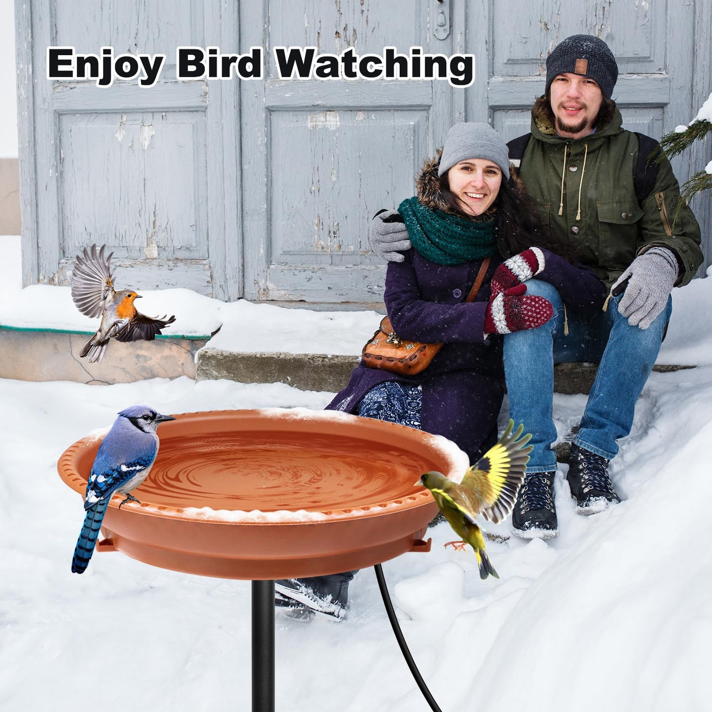 BIRD WISH Heated Bird Bath, Stable 5-Prong Metal Base Thermostat Control Weather Resistance All Seasons Available 75W Heated Bird Baths for Outdoors for Winter Garden Yard Patio Lawn, Terracotta