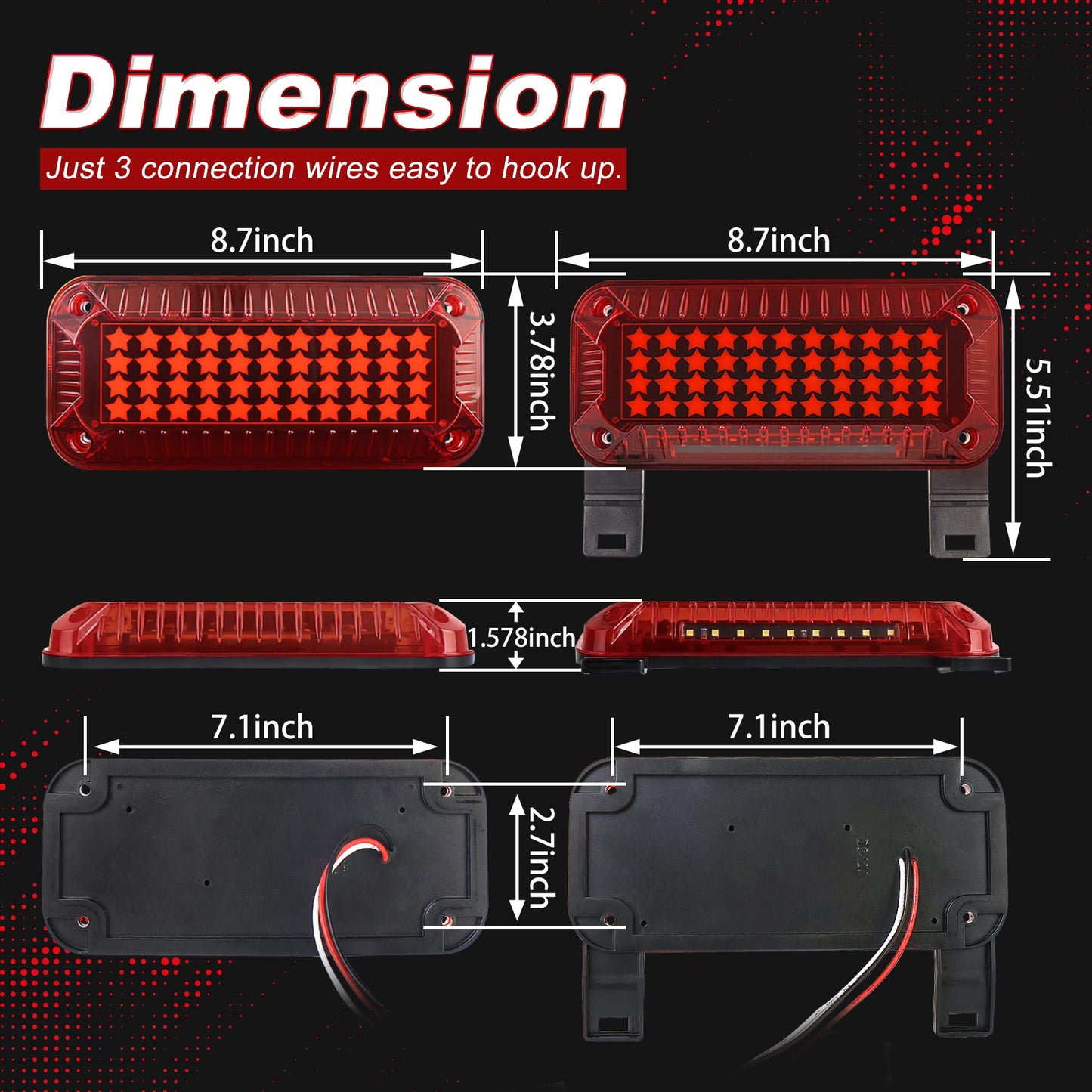 POVTOR Trailer Tail Lights 57 LEDs with Running/Turn Signal/Stop License Plate Light/RV Brake Lights Star Red Reflex Surface Mount Rectangular Camper Tail Lights