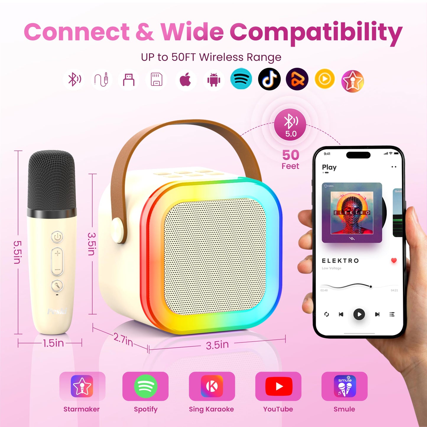 Karaoke Machine for Kids Adults, Portable Bluetooth Mini Karaoke Microphone Singing Speaker Karaoke Player with 2 Wireless Mic Toys for All Smartphones,Birthday, Family,Home Party (Beige)