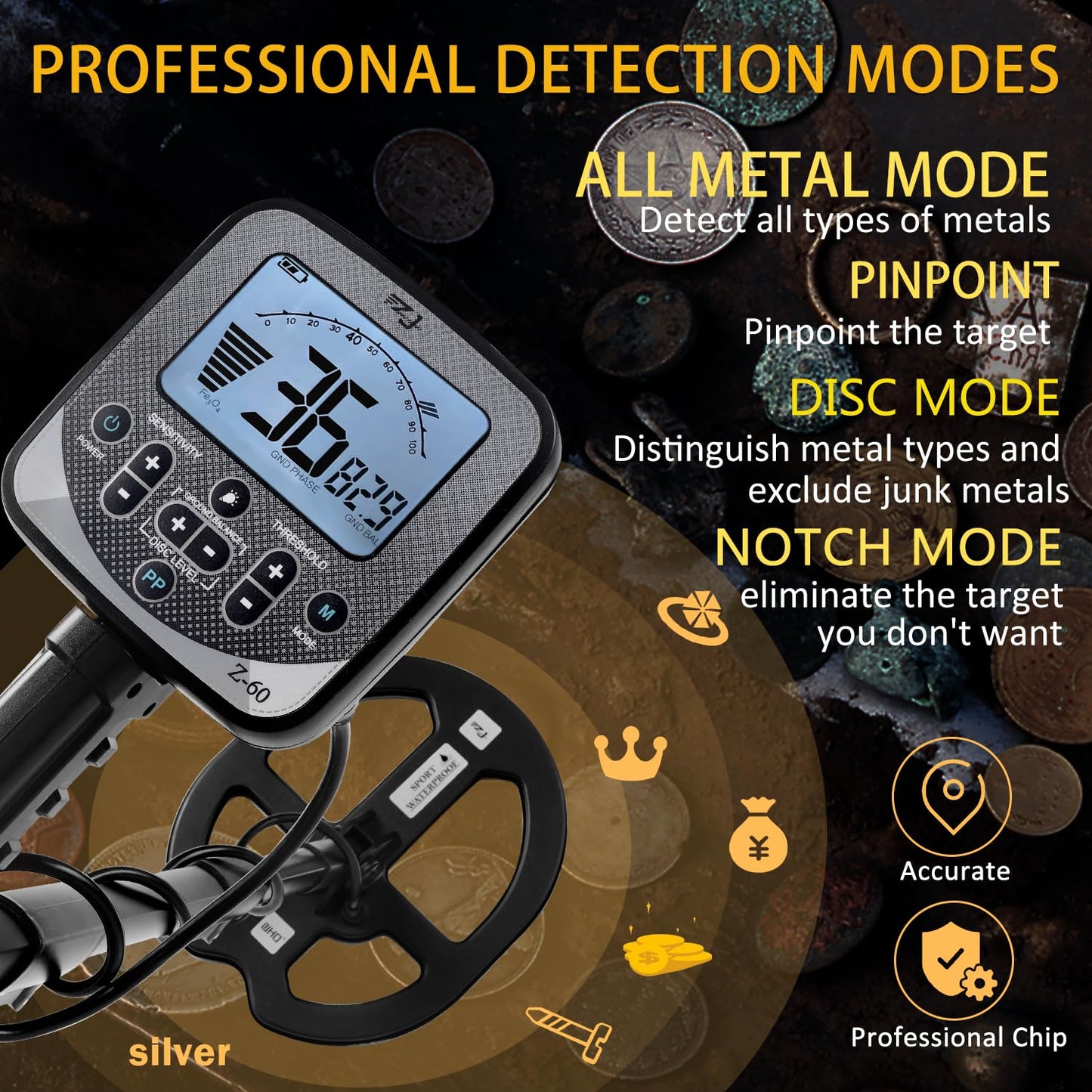 16" Detection Depth Metal Detector for Adults,High Accuracy Professional Metal Detector kit with Double-D Waterproof Coil,19.2 kHz Beach Metal Detector and Pinpointer,4 Professional Modes,LCD Display