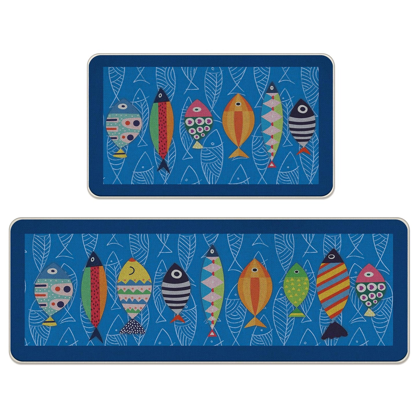 Livcoz Coastal Fish Blue Kitchen Rugs Set of 2, Nautical Beach Ocean Fishes Floor Mats Decor, Farmhouse Sea Door Mat Home Decorations - 17x29 and 17x47 Inches