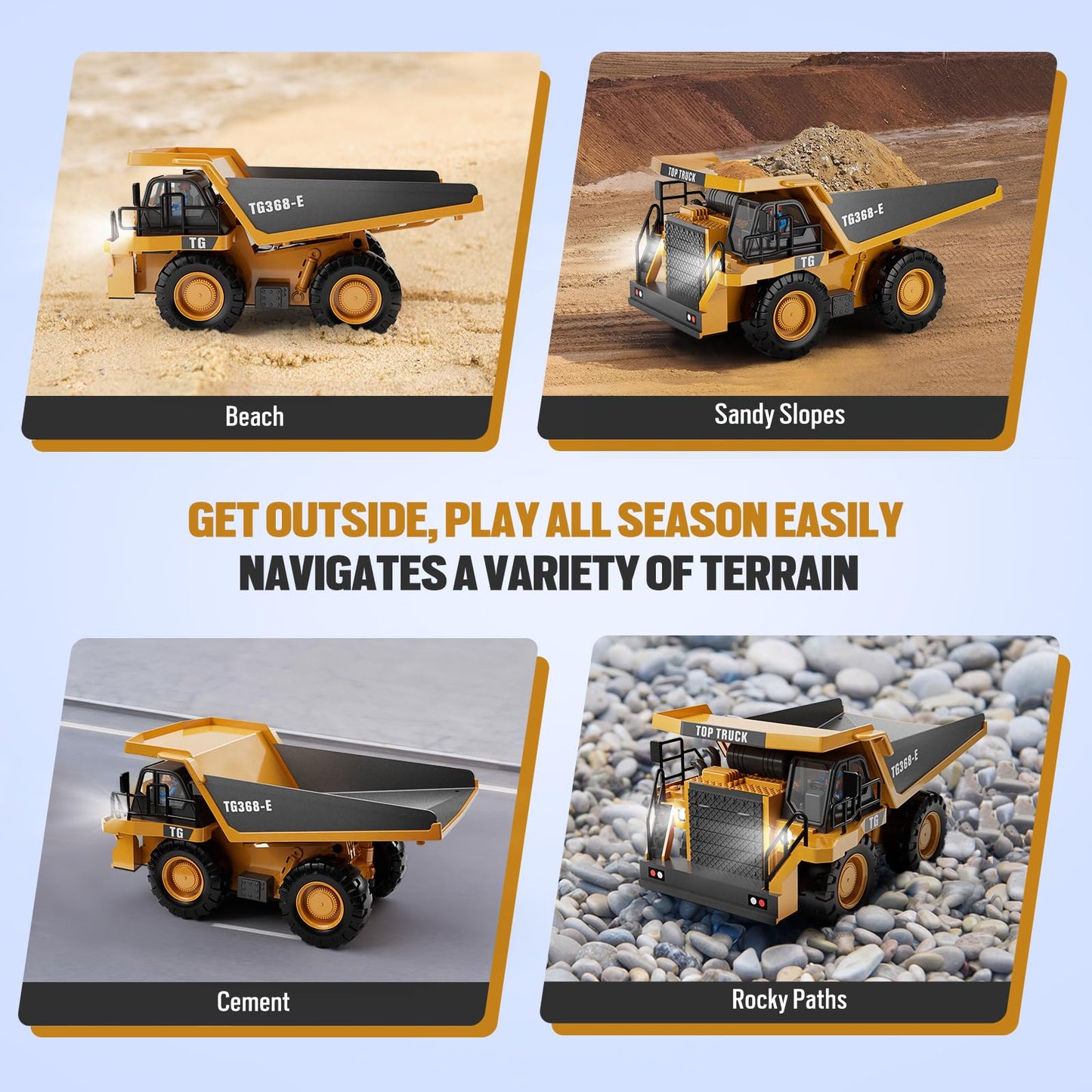 WELIN Remote Control Dump Truck Toys, Construction Vehicles with Metal Bed & 2 Rechargeable Batteries, 9-Channel RC Truck Games with Lights & Sound, Birthday Gifts for Kids Boys Ages 3-12
