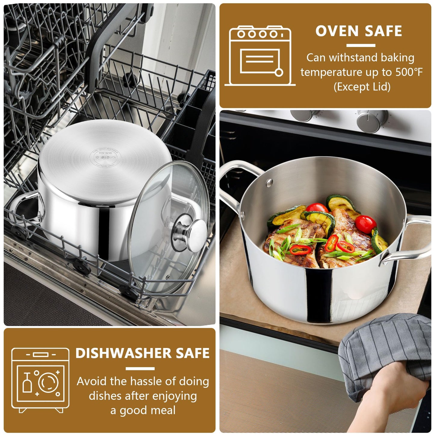 P&P CHEF 8 Quart Stock Cooking Pot, 8QT Tri-Ply Stainless Steel Large Stockpot with Lid for Induction Gas Electric Stoves, Visible Cover & Double Riveted Handles, Heavy Duty & Dishwasher Safe