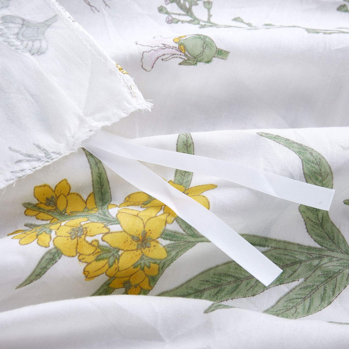 Wake In Cloud - Botanical Duvet Cover Set Twin/Twin XL, 100% Cotton Bedding, Yellow Flowers and Green Leaves Floral Garden Pattern Printed on Off White (3pcs, Twin/Twin XL Size)