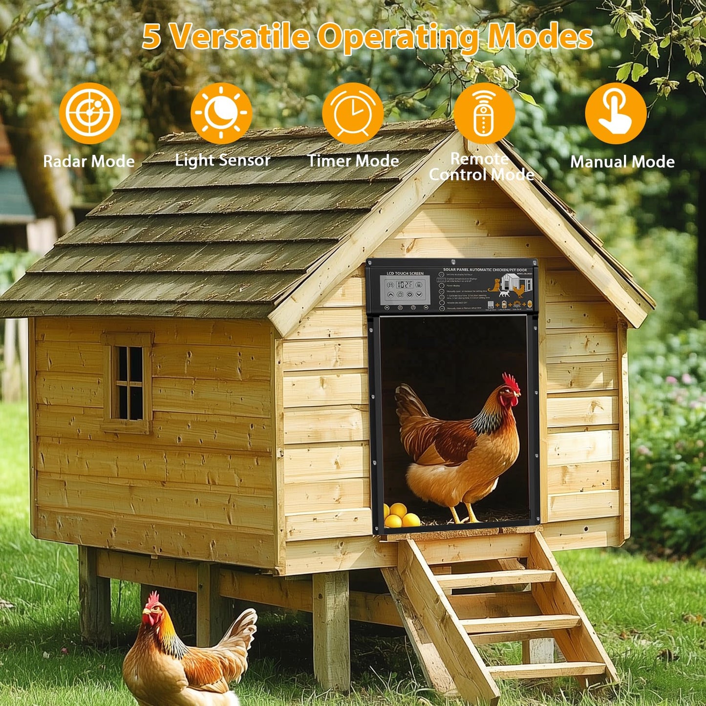 VUEBEE Automatic Chicken Coop Door Solar Powered with Timer & Light Sensor, Motion Sensor, LCD Display & Remote Control, Weatherproof Chicken Door for Chicken, Ducks, Rabbits (13.4"x10" Opening)