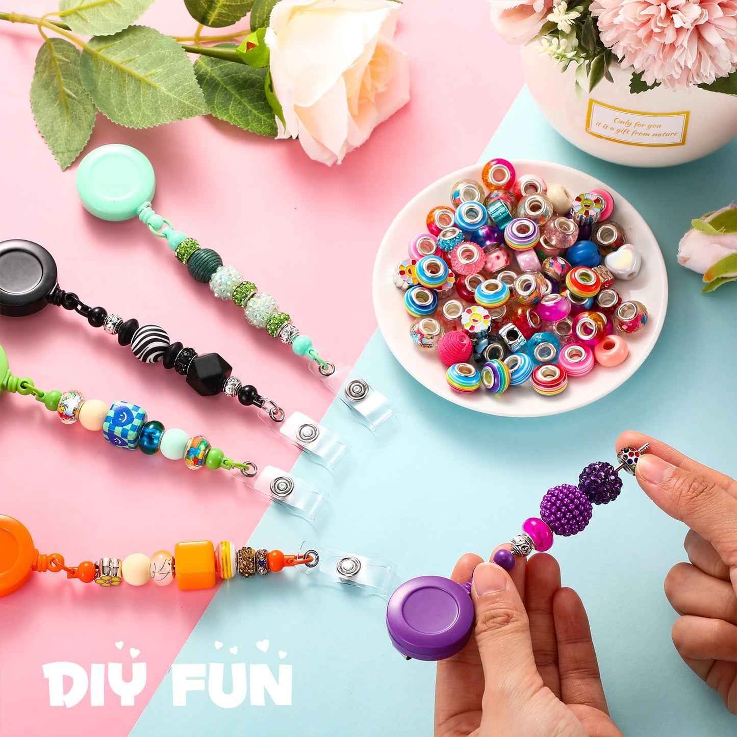 Sayglossy 50 Pcs Beadable Badge Reel Retractable Clips Holder for Beads Bulk Blank Bar ID Name Badge Reels with Belt Clip Beadable Items for Nurse Teacher Office Jewelry DIY Gift, 19.69 inches/ 50 cm