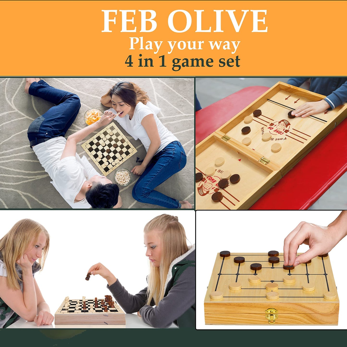 4 in 1 Board Game Set - Extra Large Sling Puck Game Wooden Chess Board Sets, Checkers Board Game for Adults Nine Mens Morris | Wooden Chess Set String Puck Game & Checkers Game for Kids