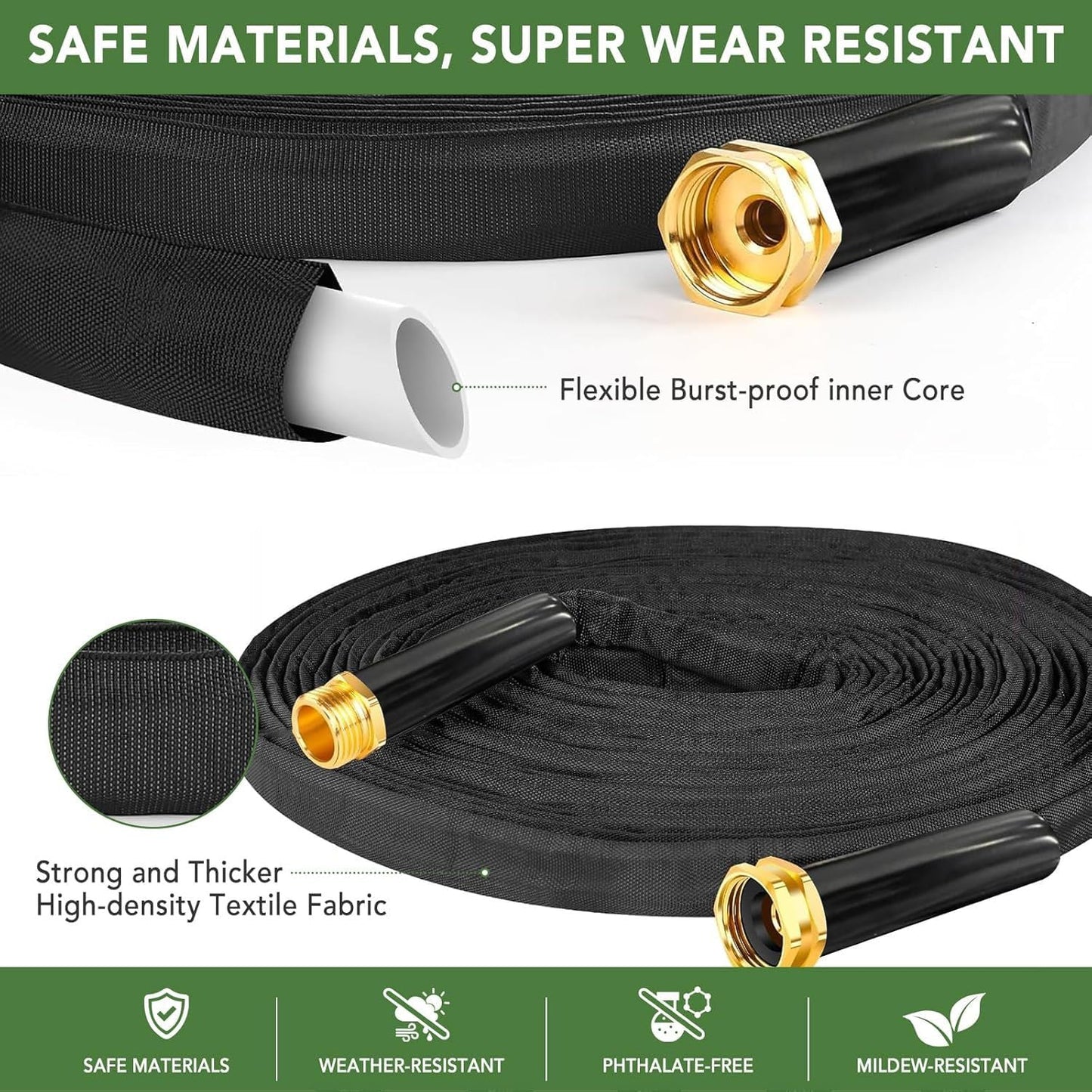25ft 50ft 100ft Non-Expanding Garden Hose, Hose Pipe, Ultra-Light & Flexible Water Hose - Burst-Resistant, Kink-Free, High-Pressure, All-Weather Use for Lawns, Gardens, and Outdoor Cleanining (100ft)