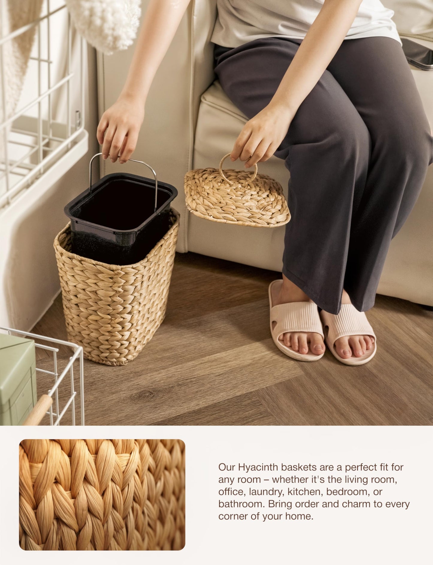 Tidita 5 Liters Wicker Waste Basket with Lid - Large Wicker Trash Can for Office - Waste Basket for Bedroom, Bathroom, Kitchen, Living Room - Boho Handwoven Trash Cans for Garbage