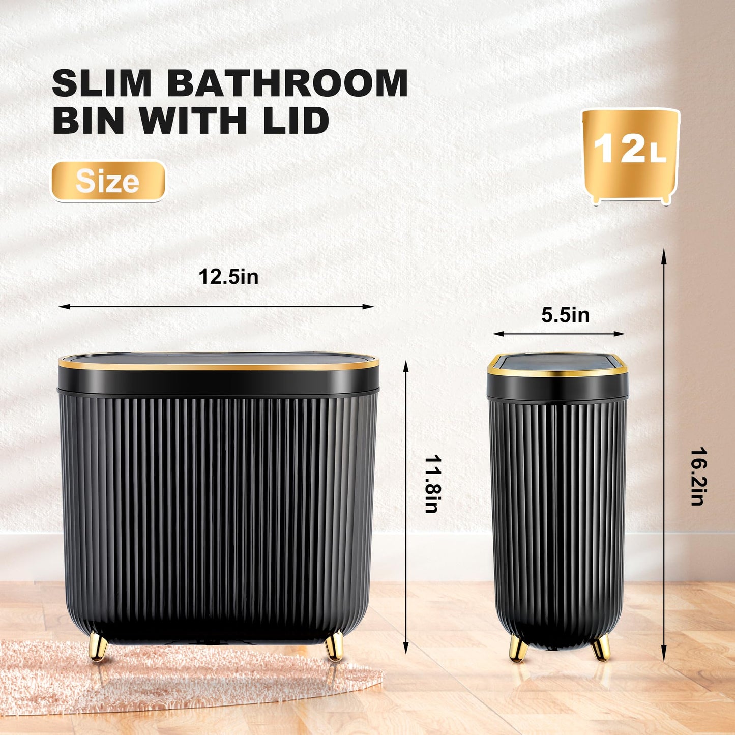 Supteron Bathroom Trash Can with Lid 3.2 Gallon Narrow Trash Can Small Plastic Trash Bin 12 Liter Rectangular Plastic Garbage Can with Press Type Lid for Bedroom Bathroom