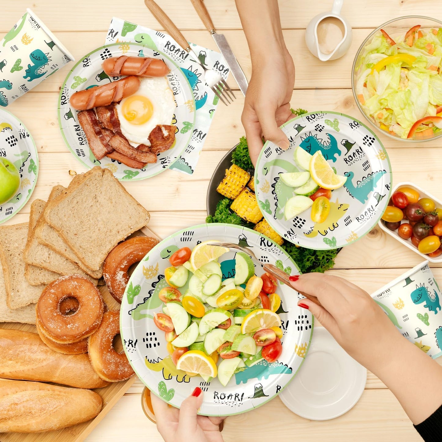 UVTQSSP 96 Pcs Party Plates and Cups and Napkins Sets, Dinosaur Theme Birthday Plates and Napkins Party Supplies, Disposable Tableware Sets, Serve for 24 Guests, Roar Dino, Cute