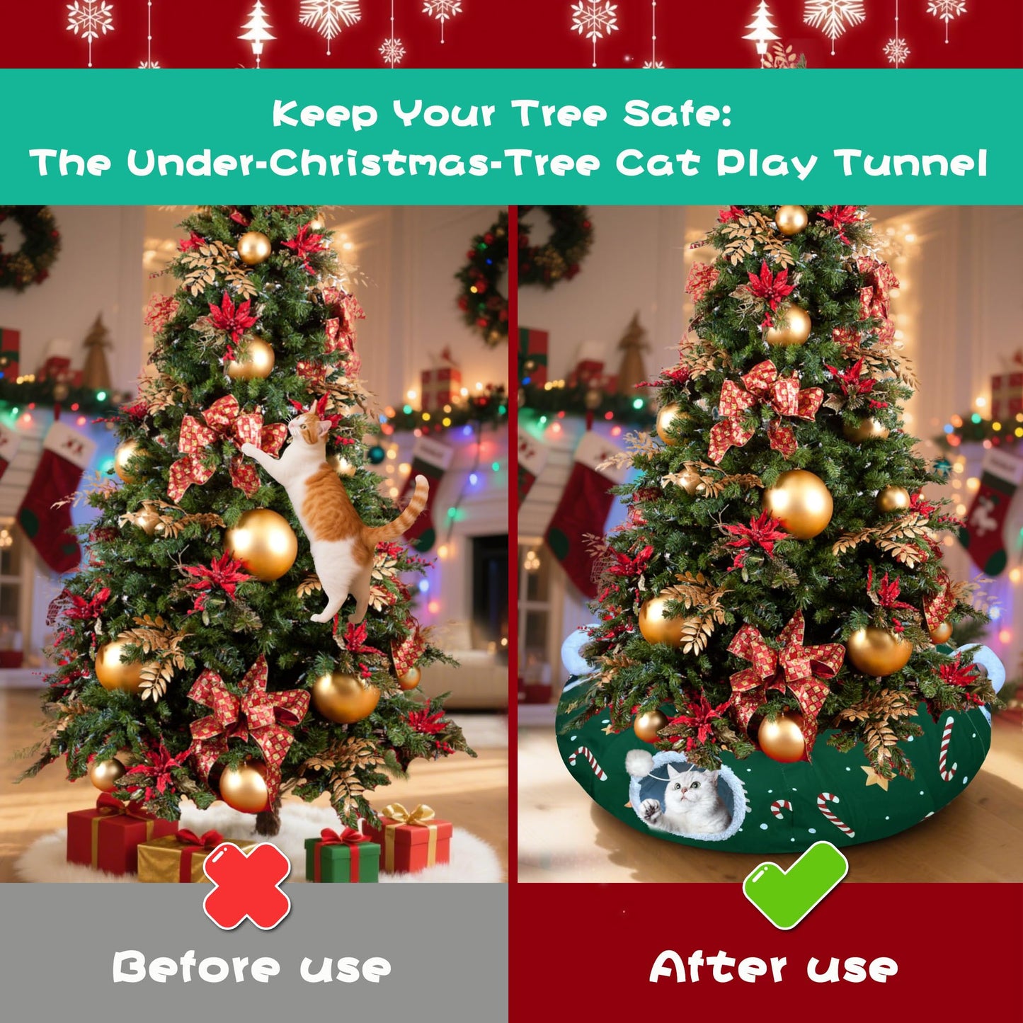LUCKITTY Cat Tunnel Bed in Christmas Style with Star, Crutches Candy, and Snowflakes Patterns - 3FT x 3FT x 9.8 INCH Size Green Decorative for Festive Felines