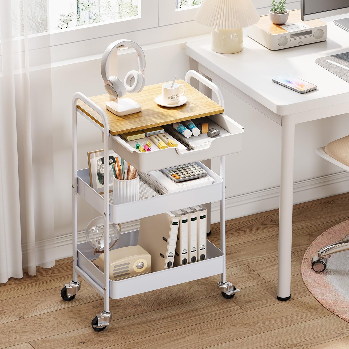 TOOLF 3-Tier Utility Rolling Cart with Wooden Board and Drawer, Metal Storage Cart with Handle, White Trolley Kitchen Organizer Rolling Desk with Locking Wheels for Office, Classroom, Home, Bedroom