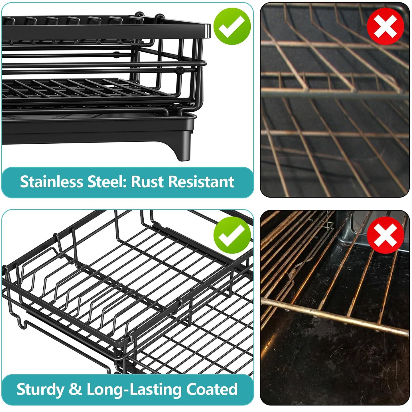 Large Dish Drying Rack,Expandable Dish Rack for Kitchen Counter,Dish Racks with Drain Board and Cutlery Holder,Kitchen Organizers and Storage,Black
