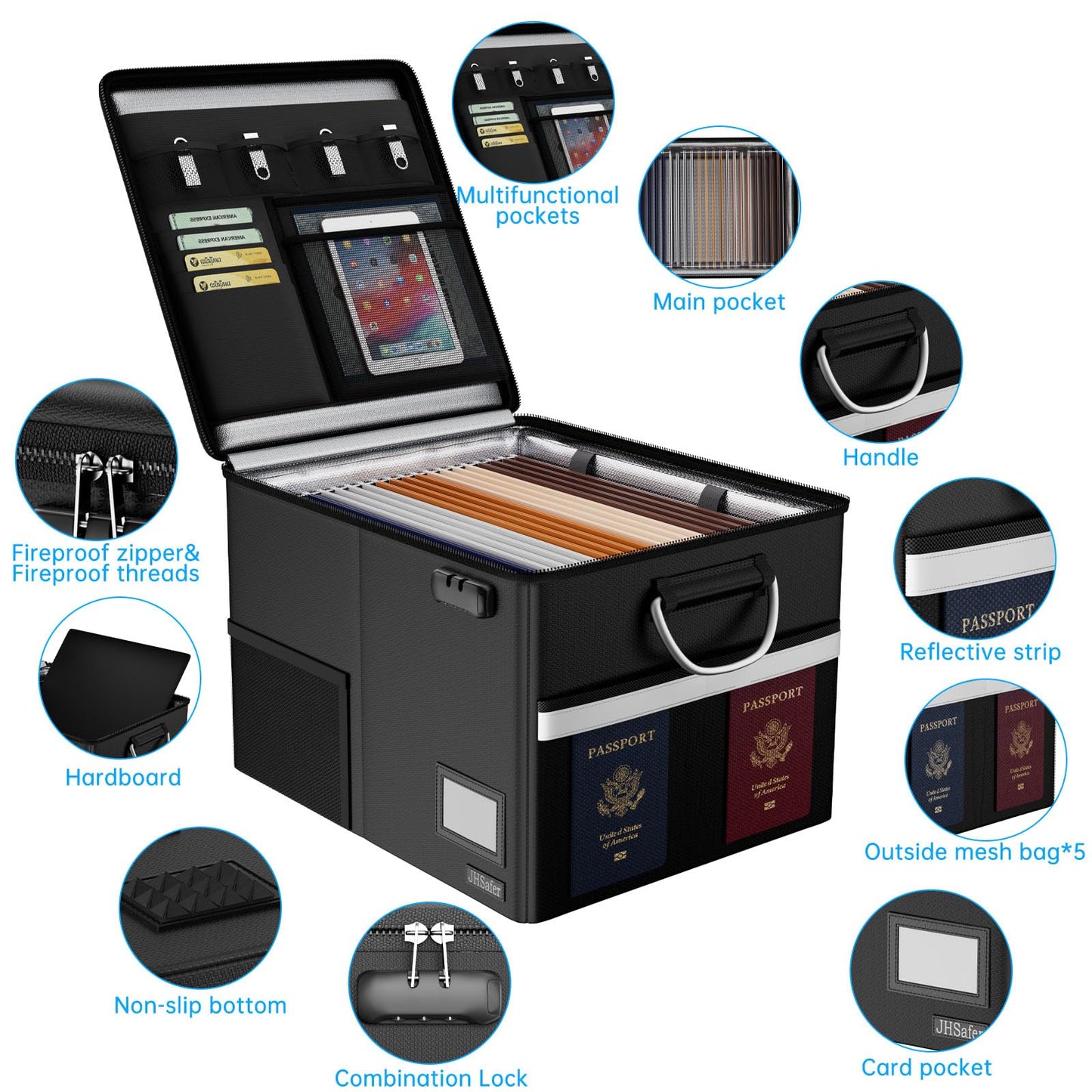 JHSafer 5200℉ Fireproof Document Box with Lock, Waterproof File Organizer with Handle, Portable Collapsible Filing Cabinet with Reflective Strip for Hanging Letter/Legal Folder, Black