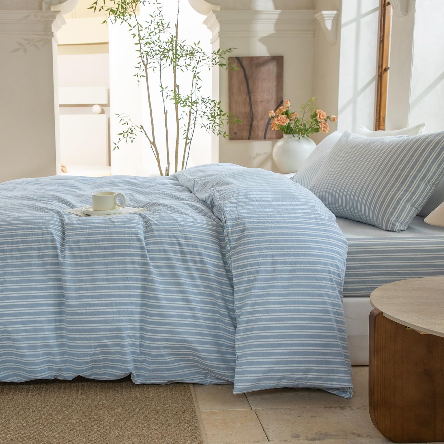 BESTDESIL Luxury 100% Washed Cotton Linen Like Duvet Cover Set,3 Pcs Striped Duvet Cover with Zipper Closure(Strip-Cornflower Blue/White,Full Size)