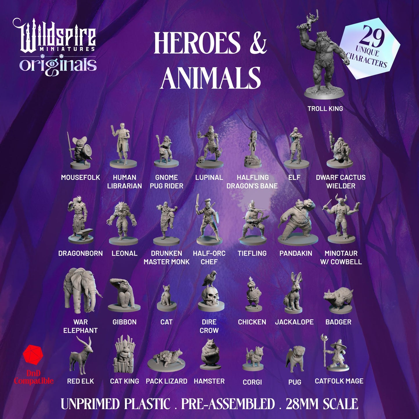 Wildspire Heroes, Animal Companions & Troll King for DND Miniatures Bulk 28mm DND Minis Dungeons and Dragons D&D Miniatures Dungeons and Dragons Unpainted Figures for Tabletop
