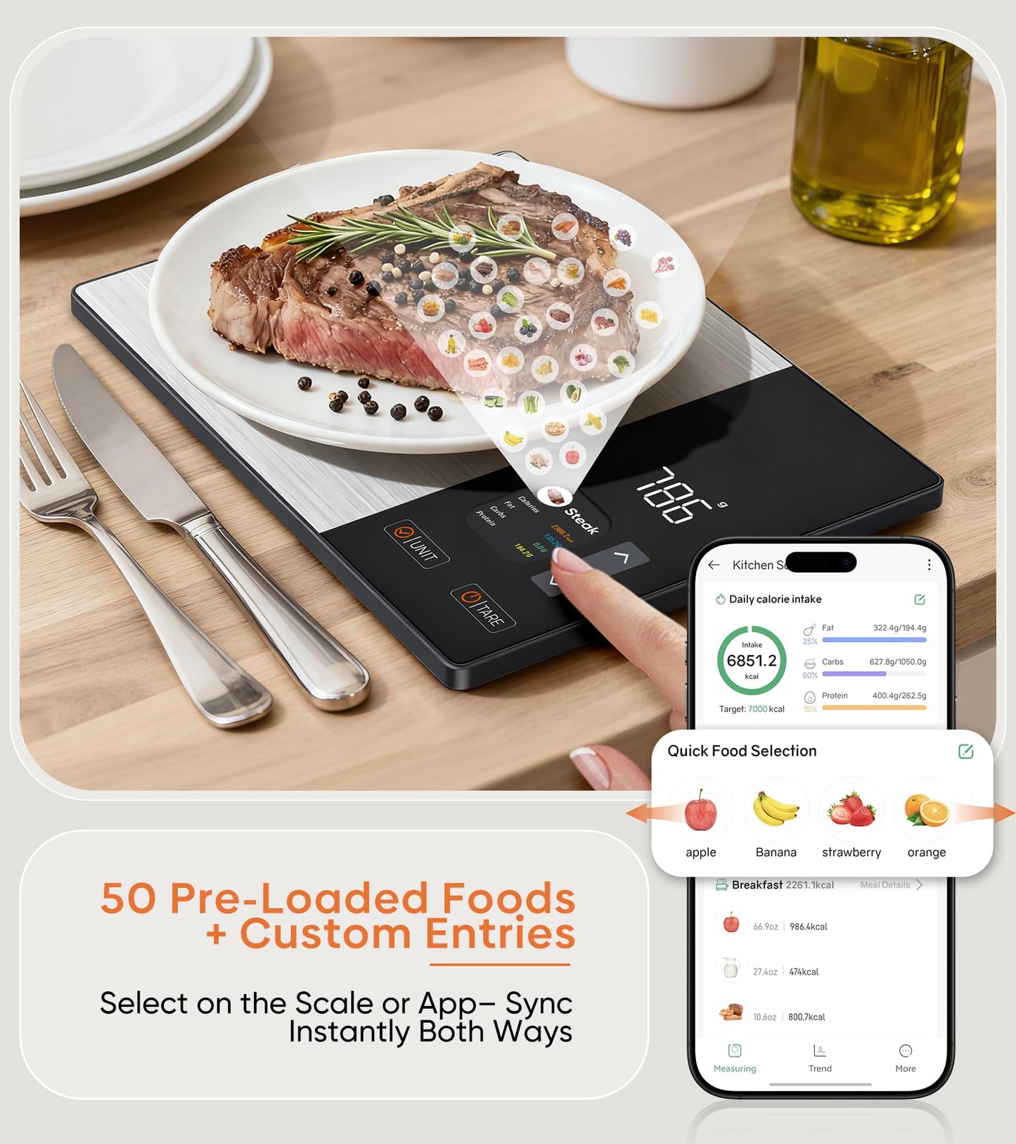 KUAIVO Smart Food Scale with TFT Display, Tracks Calories, Fat, Carbs & Protein, Works with App for Daily Nutrition Tracking, 50 Built-in Foods, 23 Nutrients, Digital Kitchen Scale for Meal Prep