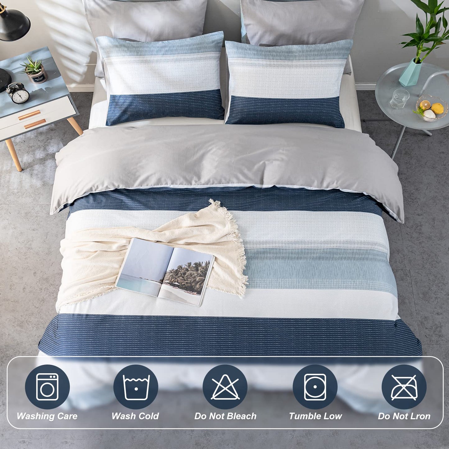 WARMDERN Boho Striped Duvet Cover Set Queen Size Cotton White Grey Bedding Set 3 Piece Ultra Soft Geometric Stripes Duvet Cover with Zipper Closure & Corner Ties 2 Pillowcase(Blue Queen)