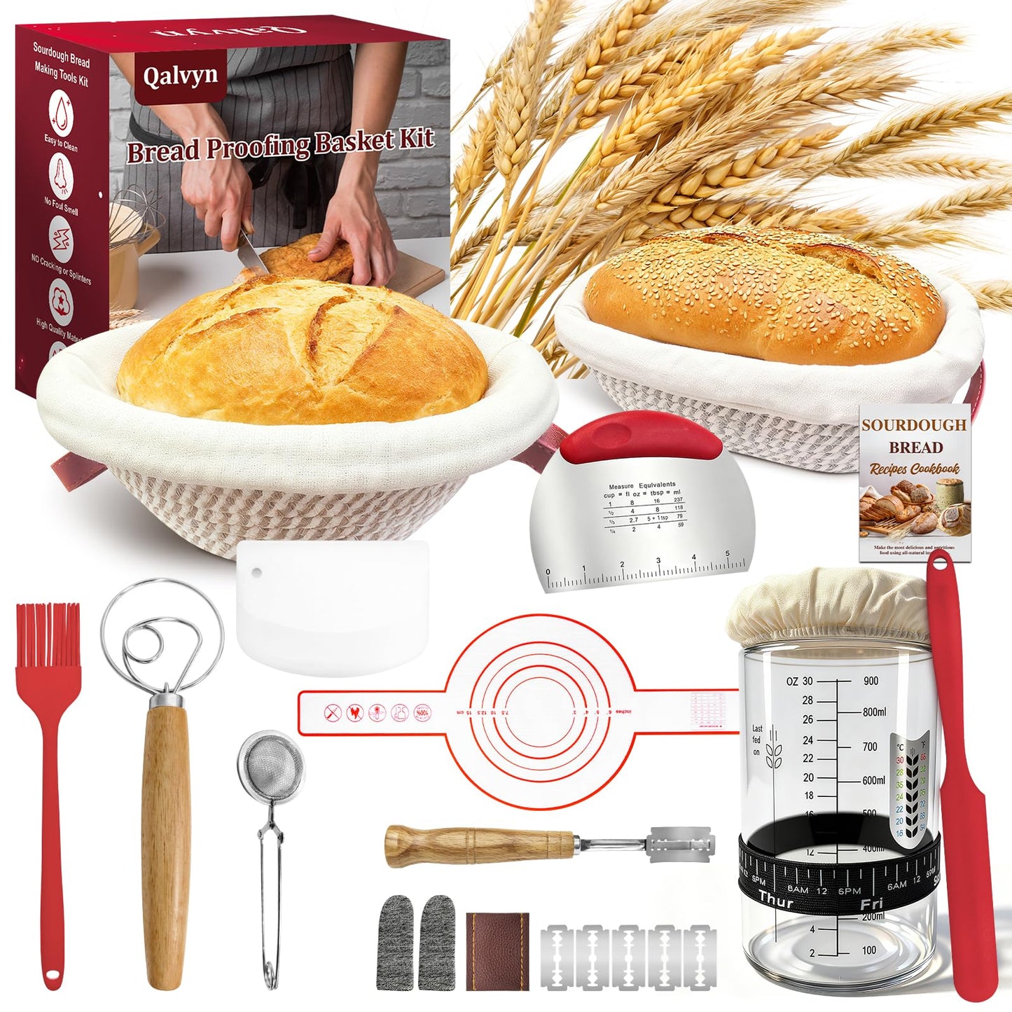 Sourdough Bread Baking Supplies, Sourdough Starter Kit with Cotton Rope Oval & Round Bread Proofing Basket and Sourdough Starter Jar, Artisan Bread Making Kit Ideal Gift for Bakers, Women Wife Mom