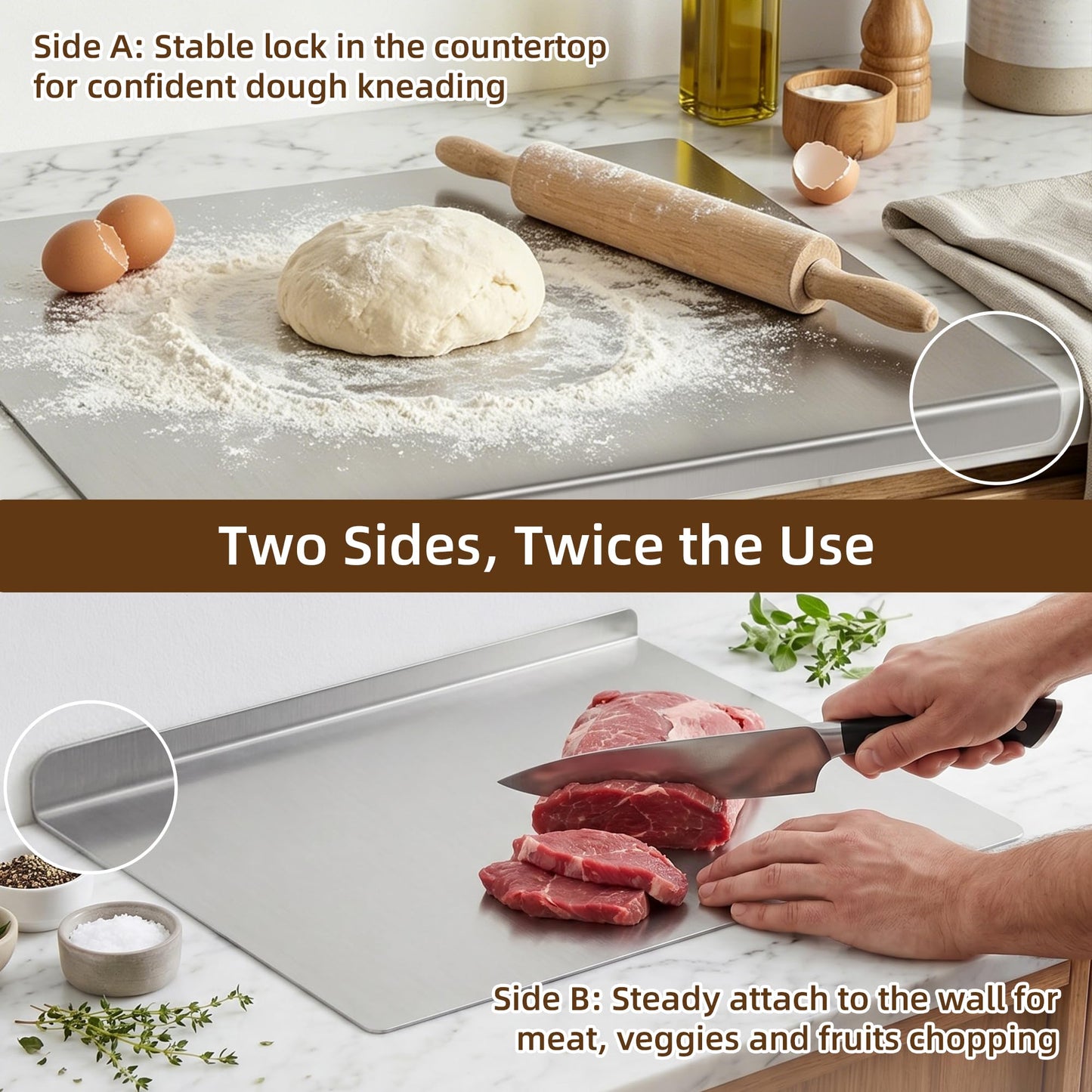 TJ POP Stainless Steel Cutting Board with Lip, 16 x 12 Inches Kitchen Chopping Board for Countertop, Double-Sided Food-Grade Metal Cutting Board, L-Shaped Edge Chopping Mat for Kitchen Prep & Baking