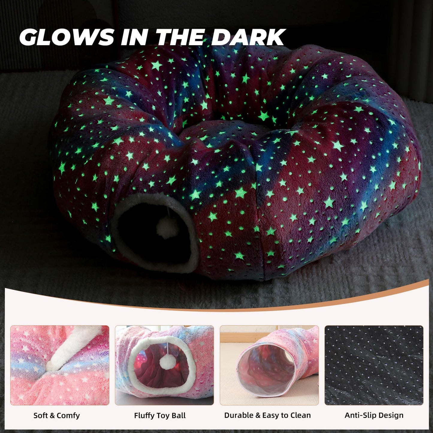 AMYLALA Large Cat Tunnels Bed Tube for Indoor Cats Glows in The Dark Cat Tunnel with Cushion and Plush Ball Toy Longer Playground Toys for Dog Puppy Kitten Rabbit Bunnies Ferret Pet Rainbow