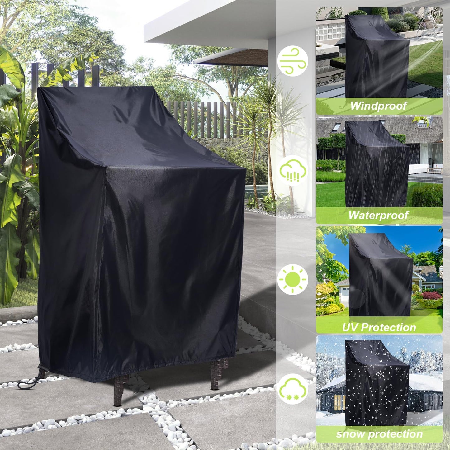 Stackable Patio Chair Covers, 210D Outdoor Chair Covers Waterproof for Stacked Chairs, Lawn Chair Covers Waterproof Outdoor Fits for 4-6 Outdoor Stacking Chairs (Black, 25"L x 25"W x 47"H (4PCS))